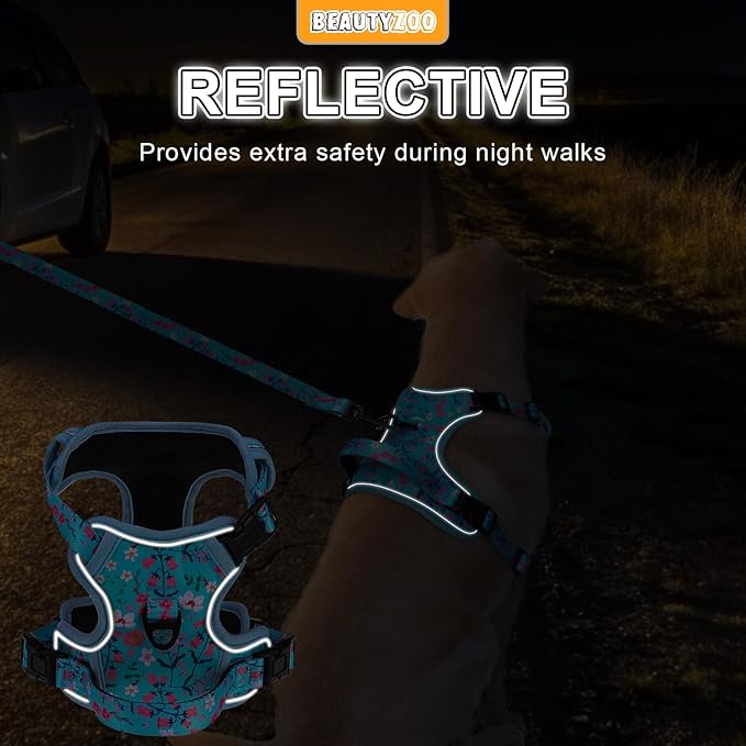 BEAUTYZOO No Pull Dog Harness and Leash Set with 2 Metal Leash Clips - Overhead-Free 3 Snap Buckles Design, Adjustable No-Choke Soft Padded Reflective Oxford Pet Vest for Small Medium Large Dogs, M