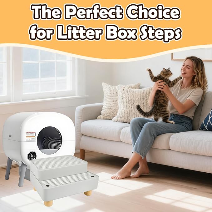 SpaceTime Elevated Cat Litter Trapping Mat for Litter Box,Detachable Cat Step/Ramp/Catcher with Wooden Base,Height-Adjustable Kitty Litter Pad for Floor & Indoor Cats,Non-Slip,Easy to Clean (Grey)