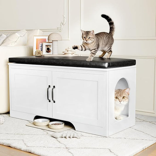 Modern Cat Litter Box Enclosure, 39" Hidden Litter Box Furniture with Removable Padded Seat Cushion, Flip-Top Design, Cat Washroom Bench with Storage Cabinet, Fit Most of Litter Box,White