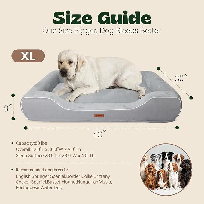 XL Orthopedic Dog Bed for Large Dogs with Cooling Gel Memory Foam and Egg Crate Foam Waterproof, 42inch Pet Couch with Removable Washable Cover and Bolster Side for Extra Breed Pets