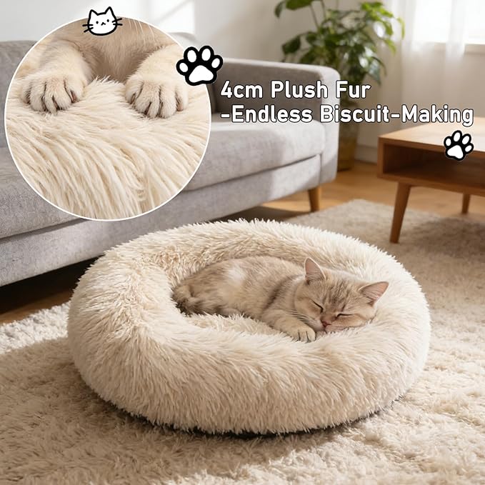 Calming Donut Dog Bed Medium Size Dog - Washable Removable Cover Non-Slip Bottom, Round Pet Bed Cat Bed Warming Fluffy Plush Faux Fur Anti-Anxiety, Fits up to 45 lbs (Beige, 30")