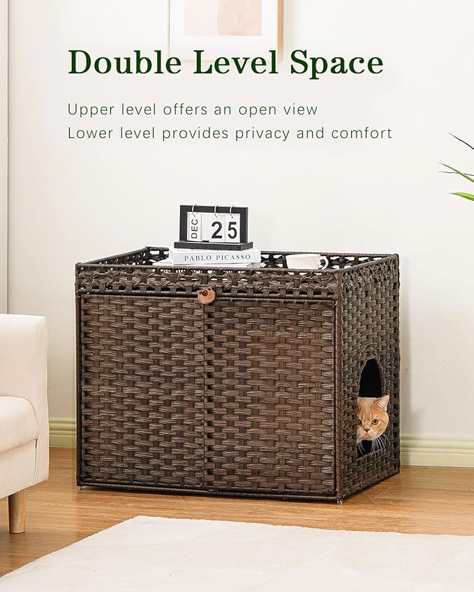 Cat Litter Box Enclosure Furniture, Handwoven Rattan Hidden Litter Box with Mat, Large Space Cat House with 2 S-Shaped Hooks, 30.3 x 18.3 x 24.4 Inches, Indoor for Living Room Apartment Brown