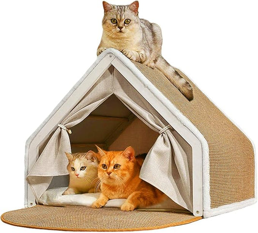 Cat Houses for Indoor Cats - Large Cat Bed Cave with Natural Sisal Cat Scratcher Mat, Solid Wood Frame Cat House with Curtains and Cat Floor Scratching Pad Rug, Protect Couch and Carpets (Nature, M)