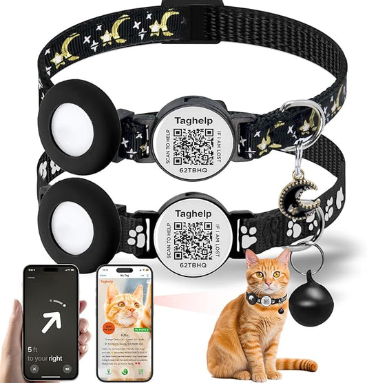 2PCS Breakaway Cat Collars with Bell Cute Star &Moon Safe Kitten Collars with Pendant Glow in The Dark,Airtag Holder Cat Collar with Smart ID tag & QR Code Reflective for GPS Boy Girl Cats (Black)