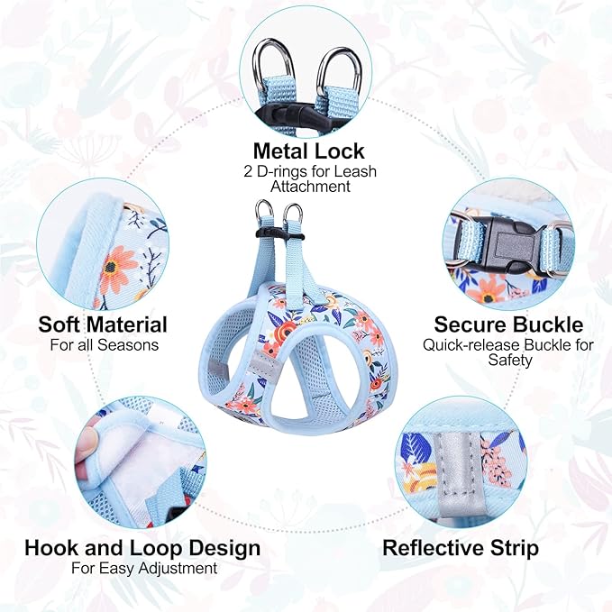 BEAUTYZOO Step in Dog Harness and Leash Set, Floral Pattern Reflective Dog Harness No Pull No Choke Puppy Harness for XXS XS S Dogs Cats, Soft Padded Mesh Vest Harnesses for Girl and Boy Pets
