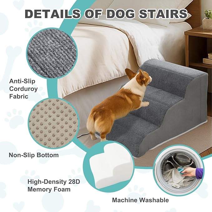 Docred 3-Step Dog Stairs for Small Dogs and Cats - Doggy Ramp, Non-Slip Sturdy Pet Steps for Beds, Couch, Sofa, Washable Dog Ramp with Removable Cover