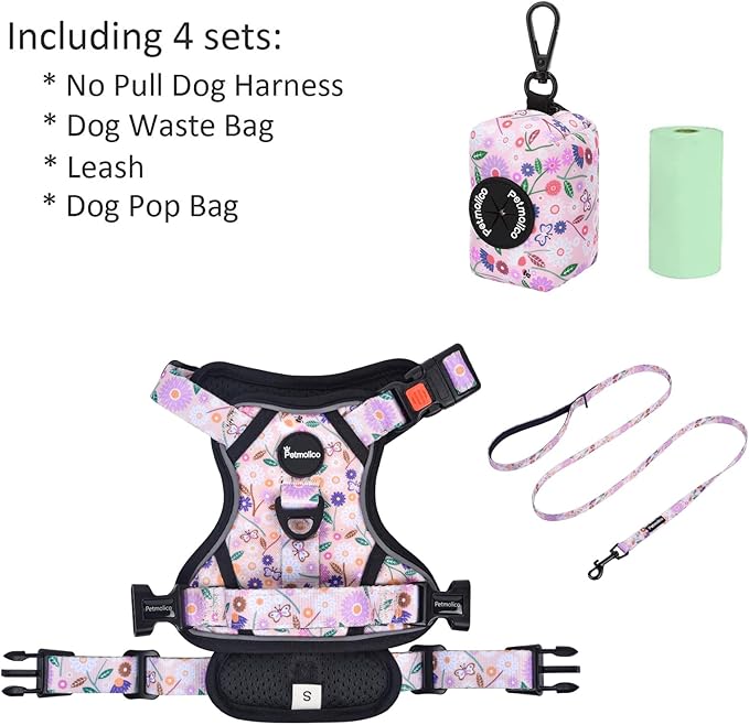 Petmolico No Pull Dog Harness Set with Leash Attachment Easy Control Handle Reflective Harness Vest Small Breed, Puppy Vest and Leash Set with Poop Bag Holder, Small - Pink Flowers