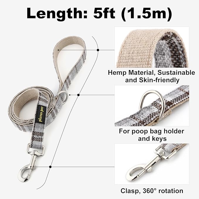 Plutus Pet Cotton Hemp Dog Collar and Leash Set, Adjustable Collar for Small, Medium, and Large Dogs, Heavy Duty and Soft on Skin, Gray Plaid, XL