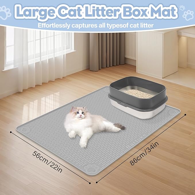 Cat Litter Mat, Extra Large 34" x 22" Silicone Mat Litter Trapping Mat for Scatter Control, Soft on Kitty Paws, Easy to Clean (Light Grey)