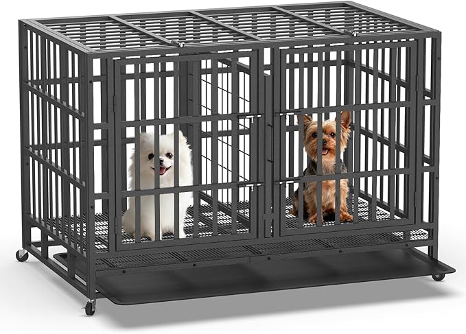 Heavy Duty Dog Crate 48 Inch, Indestructible Dog Crate with Removable Tray, Escape Proof & High Anxiety Dog Kennel Indoor, Metal Dog Cage with Wheels for Large Dogs, XL XXL XXXL