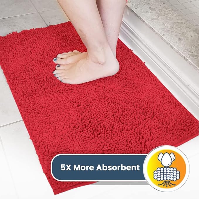 Muddy Mat® AS-SEEN-ON-TV Highly Absorbent Microfiber Door Mat and Pet Rug, Non Slip Thick Washable Area and Bath Mat Soft Chenille for Kitchen Bathroom Bedroom Indoor and Outdoor - Red 3ft x 8ft