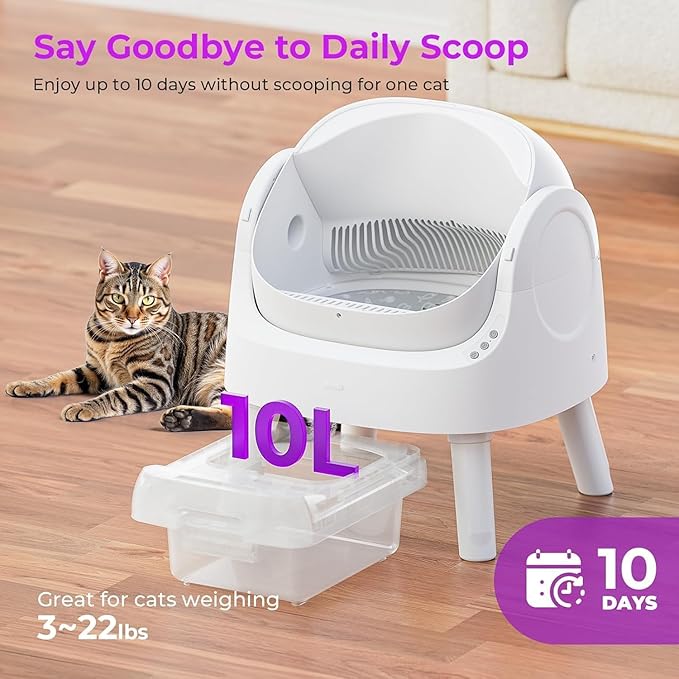 PetPivot Self Cleaning Litter Box, Open Top Automatic Litter Box for Multiple Cats, Multiple Layer Safety Protection, Liners and Mat Included, White
