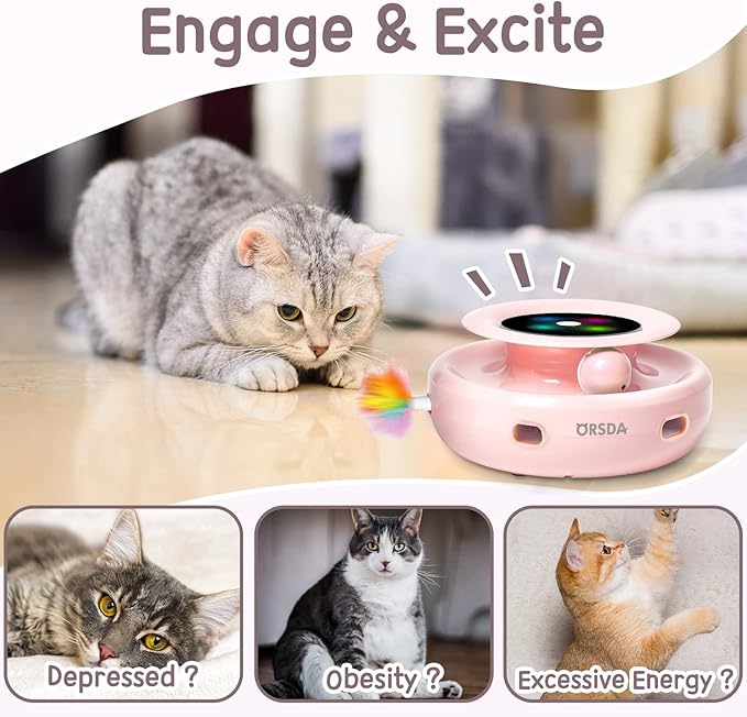 ORSDA Cat Toys 2-in-1 Interactive Cat Toys for Indoor Cats, Automatic Cat Toy Balls, Ambush Feather Kitten Toys with 6pcs Attachments, Dual Power Supplies, Auto On/Off (Upgraded Version)
