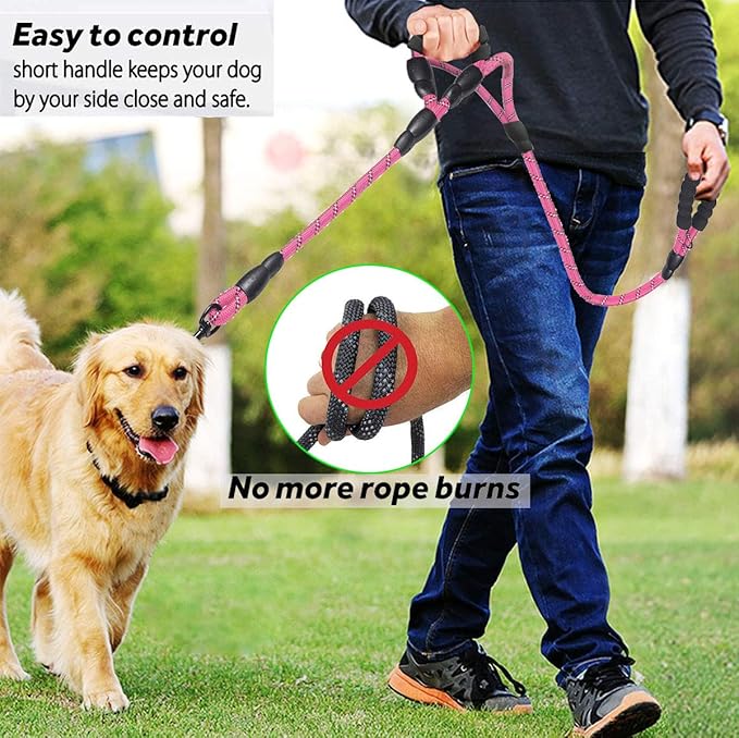 JSXD 5 FT Heavy Duty Double Handle Dog Leash with Comfortable Padded and Reflective Rope, for Small, Medium, Large Dogs (Rope-Pink)