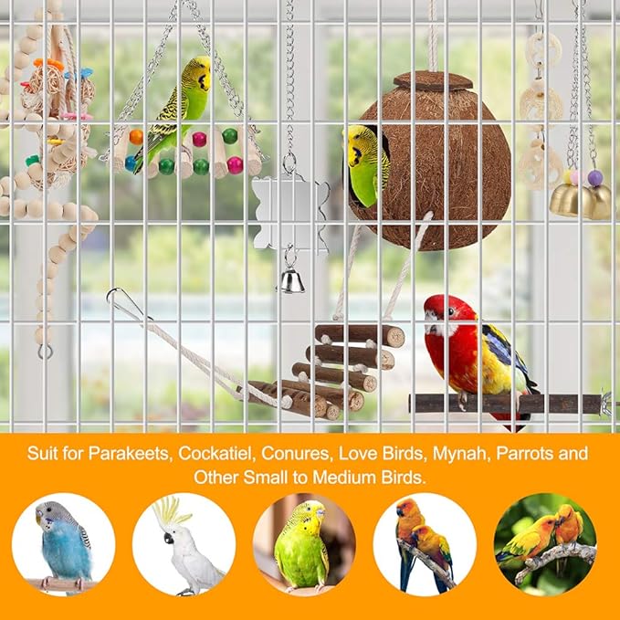 For Parakeet, Conure, Cockatiel, Love Birds, Parrots - Bird Cage Hammock with Ladder, Hanging Bell Swing, Chewing Toy