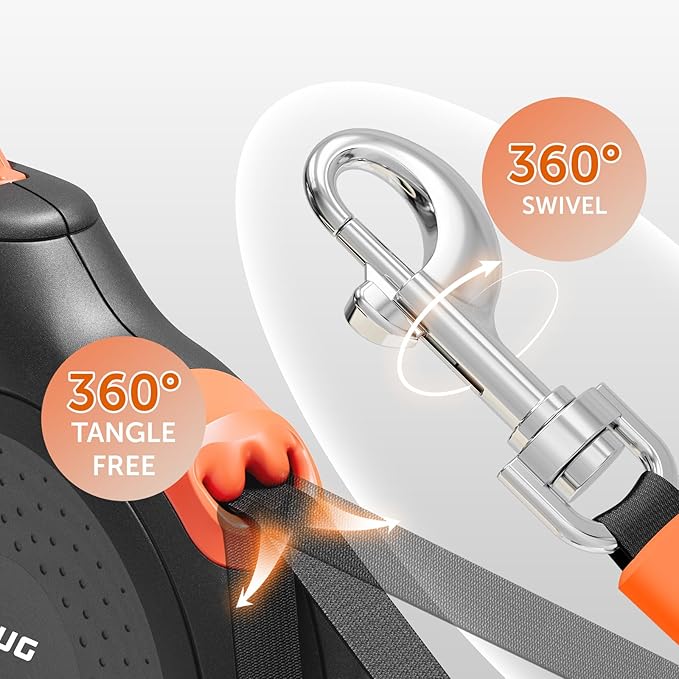 TUG 360° Tangle-Free Retractable Dog Leash | 16 ft Strong Nylon Tape (Small, Black/Orange)