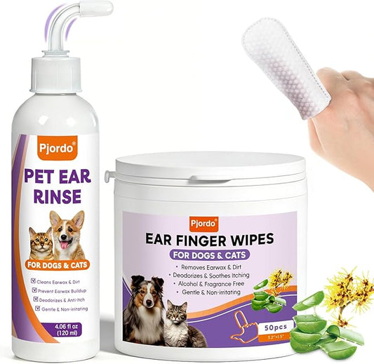 Dog Ear Cleaner Kit - Dog Ear Finger Wipes and Ear Cleaner Solution for Dogs and Cats, Gently Remove Ear Wax & Debris, Soothe Ear Itching, Deodorize, Pet Ear Wash with Aloe Vera & Witch Hazel