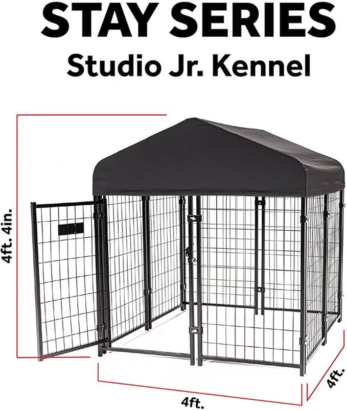 Lucky Dog Stay Series 4 by 4 by 4.3 Feet Studio Jr. Black Powder Coat Steel Frame Outdoor Dog Kennel with Waterproof Canopy Roof and Gate Door, Khaki