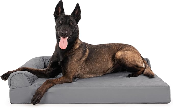 Furhaven Orthopedic Dog Bed for Large Dogs w/ Removable Bolsters & Washable Cover, For Dogs Up to 95 lbs - Pinsonic Quilted Paw L Shaped Chaise - Titanium, Jumbo/XL