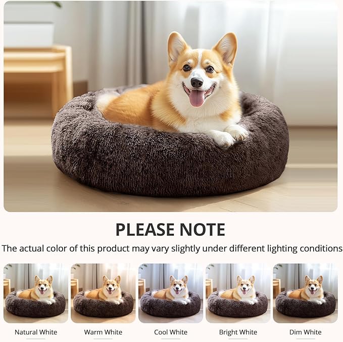 JOLLYVOGUE Calming Small Dog & Cat Bed for Indoor Cats - 20 inches Washable Donut Bed for Kittens & Puppies, Anti-Anxiety Round Fluffy Plush Pet Beds (Fits up to 15 lbs)