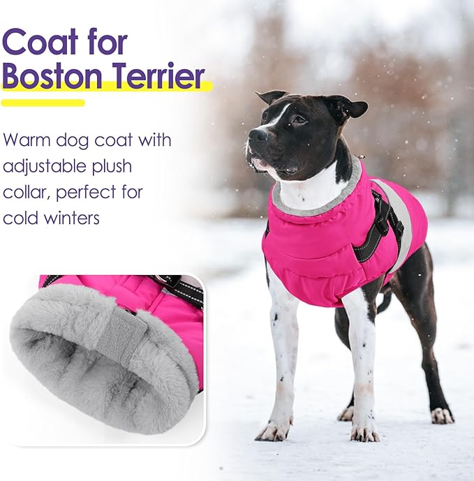 SUNFURA Dog Coat for Large Dogs, Warm Pet Jacket Winter with Harness Built in, Waterproof Pet Snow Jacket with Furry Collar, Reflective Fleece Snowsuit for Extra Large Dogs, Hot Pink XL
