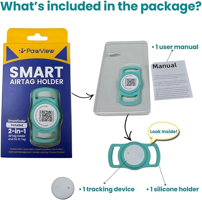 Smart Pet Tracker for Collar - Dog Trackers Location for Pet with Holder, No Monthly Fee, Real-Time Tracking, iOS Only, Emergency Contact, Long-Lasting, Anti-Lost Tracker for Cats, Bag Straps