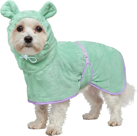 Dog Bathrobe Super Absorbent Towel Robe - Microfiber Bath Towels Fast Drying Coat for Dogs, Cute Dogs Clothes Adjustable Collar & Belly Strap Warm Keeping Hooded Dog Towel (Light Green, Small)