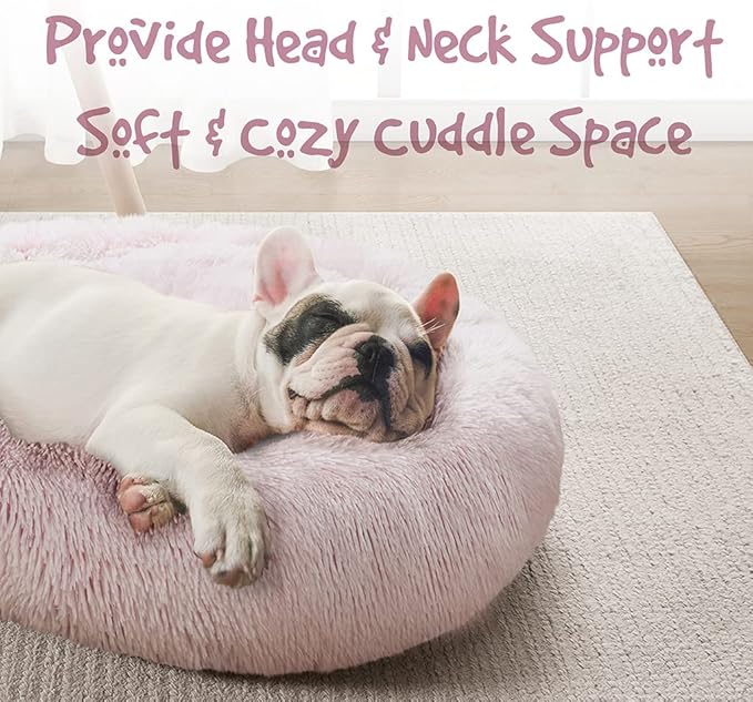 Friends Forever Donut Dog Bed Faux Fur Fluffy Calming Sofa For Small Dogs, Soft & Plush Anti Anxiety Pet Couch For Dogs, Machine Washable Coco Pet Bed with Non-Slip Bottom, 23"x23"x6" Pink