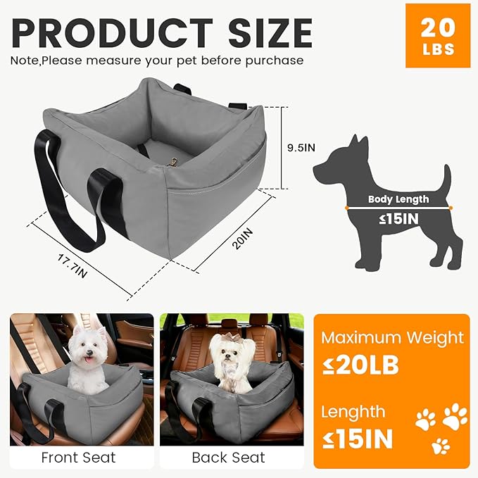 Dog Car Seat for Small Dogs, Large Leather Dog Car Bed with Storage Pocket, Waterproof PVC Leather Booster Seat Travel Bed for Front & Back Seat, Clip-On Safety Leash (Black/Grey)