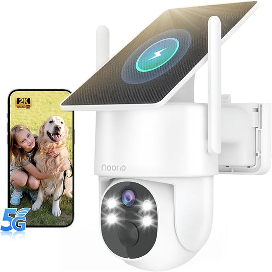 Noorio 2K Solar Security Camera Wireless Outdoor, Fixed Solar Panel/Battery Powered, 4MP, 2.4G/5G WiFi, 360° View, AI Human Detection, Color Night Vision, 2-Way Audio, IP65, for Home Security
