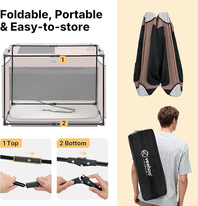 Veehoo Extra Large Dog Crate for Indoor Outdoor, Portable Collapsible Travel Dogs Crate, 48 Inch Soft Foldable Pet Kennel with 4-Door Mesh Windows