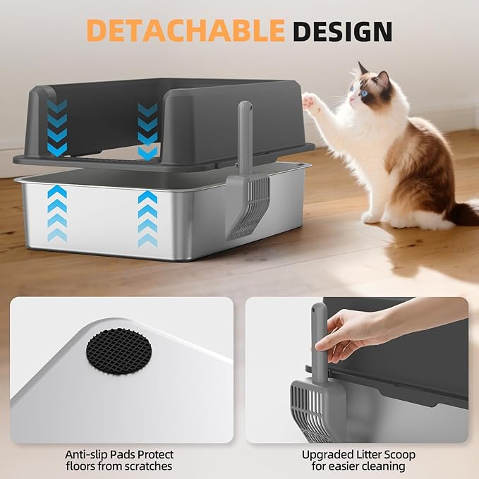 Enclosed Stainless Steel Cat Litter Box with Lid, XL Extra Large Litter Box for Big Cats, Metal Litter Pan High Sided, Never Absorbs Odors, Anti-Urine Leakage, Include Scoop (65-Darkgray)