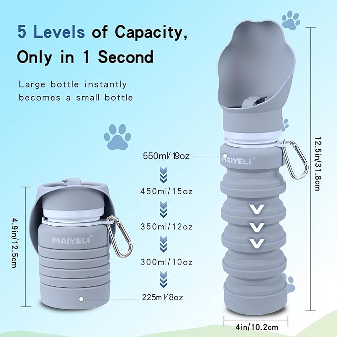 Dog Water Bottle Collapsible & Portable Squeeze, 9oz-17oz Water Dispenser & Folding Bowl,5 Levels Capacity in 1,Carabiner Clip,100% Food-Grade Silicone, Outdoor Walking,Hiking,Travel