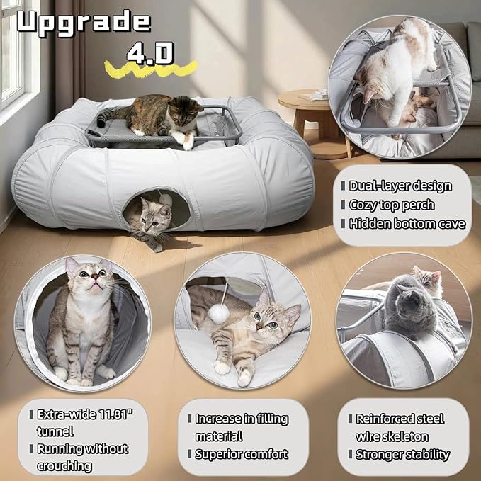 XxingSheep 2-Tier Cat Tunnel & Hammock Bed XXL, 4 Cave Shuttle with Elevated for Multiple Cats Toy Light Grey