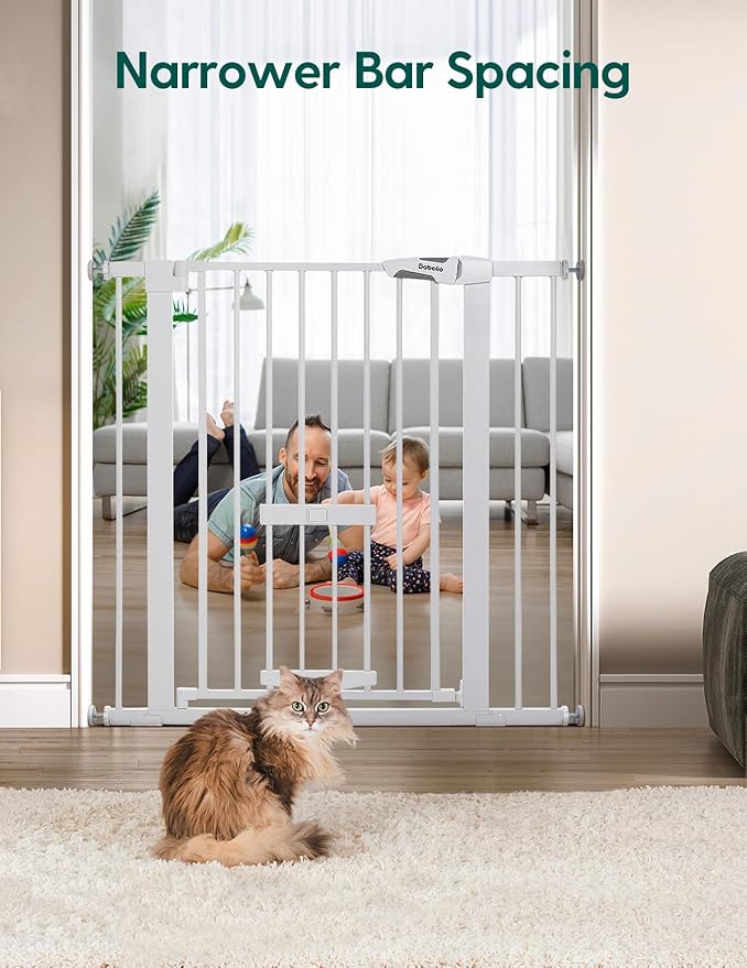 BABELIO 36 Inch Extra Tall Baby Gate with Cat Door, 29-40" Metal Dog Gate, Cat Gate for Stairs, Doorways, Auto Close Safety Gate with Pet Door, Easy Walk Thru, White