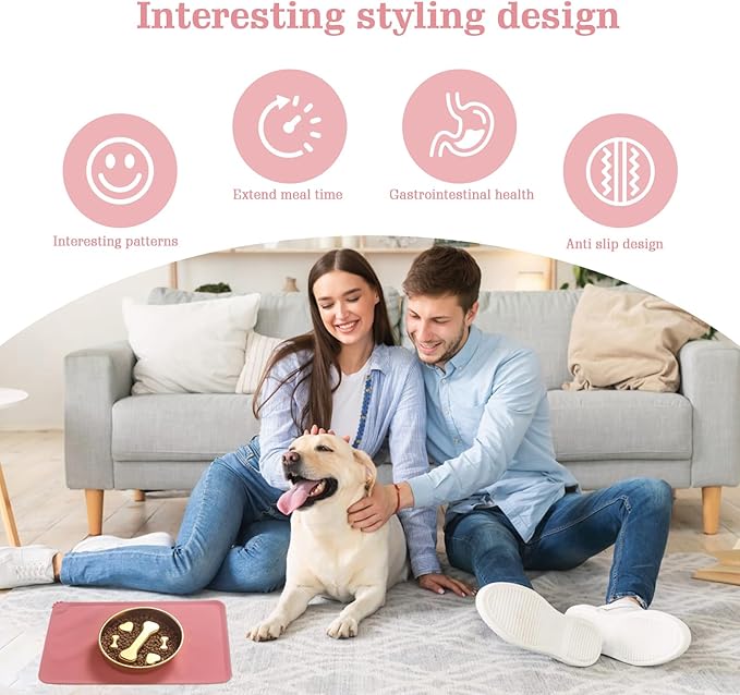 Golden Stainless Steel Slow Feeder Dog Bowls – Non-Slip Metal Dog Bowl for Large & Medium Breeds, Puppy Puzzle Feeder – 2 Cup for Small to Big Pets – Durable Slow Feed Dog & Cat Food Dish with Mat