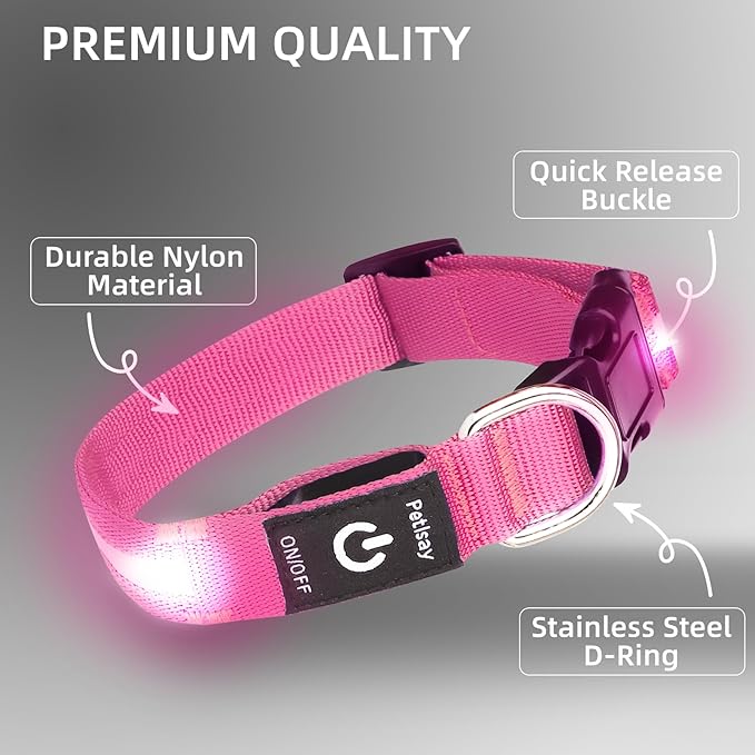 Super Bright LED Dog Collar - Fully Waterproof & Adjustable Glow Collar - USB-C Rechargeable for Night Walking, Safety - Flashing Lighted Collar for Dogs(Pink,M)