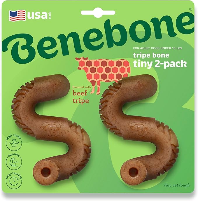 Benebone Tiny 2-Pack, Tripe Bone Durable Dog Chew Toy for Aggressive Chewers, Real Tripe, Made in USA