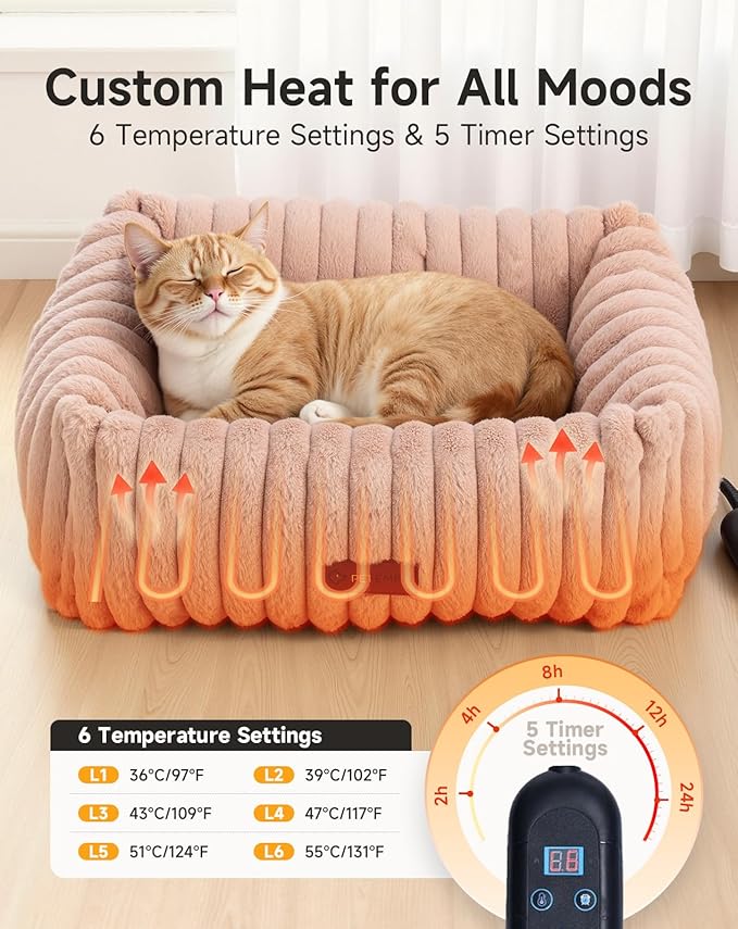 Heated Cat Bed Indoor, Pet Bed with 6 Temperature & 5 Timer Settings, Fluffy Cat Couch with Removable Machine-Washable Cover for Dogs Kitten Puppy in Winter, UL & FCC Certified, Small, Brown