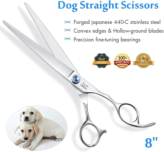 JASON 8" Straight Dog Grooming Scissors Long Pets Grooming Shears Premium Cats Trimming Kit with Offset Handle and a Jewelled Screw Sharp Comfortable Christmas Gift