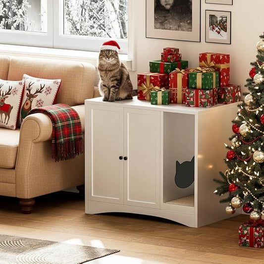 AUN Cat Litter Box Enclosure Hidden Cabinet, Easy Clean Steel Frame Pet House Furniture, Cat Washroom with Curved Entry, Dog-Proof, White, 31.5x19.6x27.5 Inches, Indoor Use