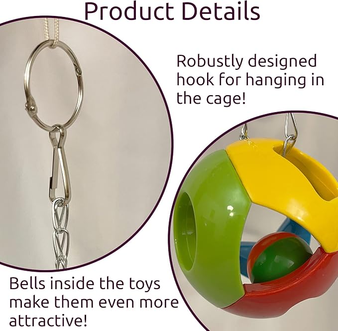 SIMENA Parrot Ball Toy with Bell, Cage Hanging Accessories for Medium to Large Birds, Interactive Toys for Birds, Cat Ball Toy(Set of 3)