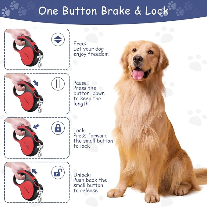 16Ft Retractable Dog Leash - for Small to Medium Dogs Up to 66lbs, Heavy Duty Retractable Leash with Light Rechargeable, Quick Lock Braking & Non-Slip Handle (Red)
