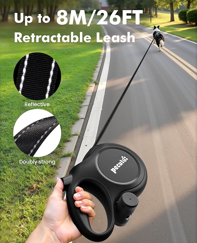 26ft Retractable Dog Leash with Chew Proof Extender, 2025 Upgraded Heavy Duty Retractable Pet Leash with Poop Bag Holder,Anti-Slip Grip, Reflective Leashes for Medium Large Pets 33lbs-120lbs (Black)