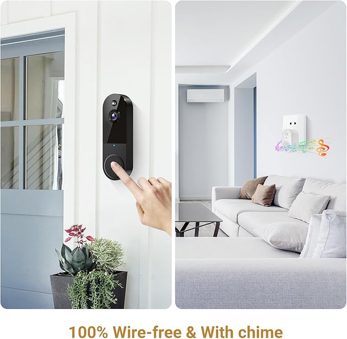 1080P Video Doorbell Camera, Wireless Indoor/Outdoor Surveillance Camera, Cloud Storage, 2.4G WiFi Only, AI Human Detection, Instant Alert, Night Vision, Two Way Audio (Black)