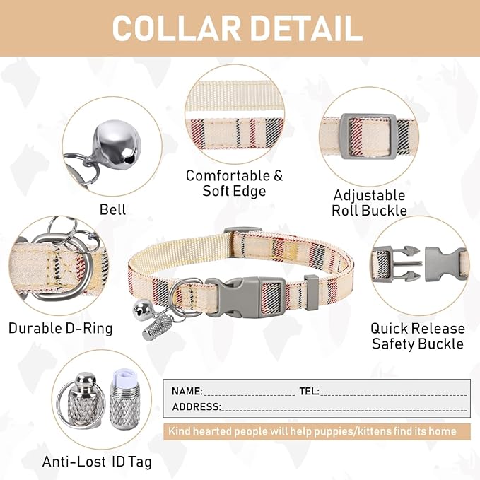 GAMUDA Small Dog Harness Collar and Leash Set, Step in No Chock No Pull Soft Mesh Adjustable Dog Vest Harnesses Plaid Reflective for Dogs Puppy Cats Kitten Rabbit (Beige, M)
