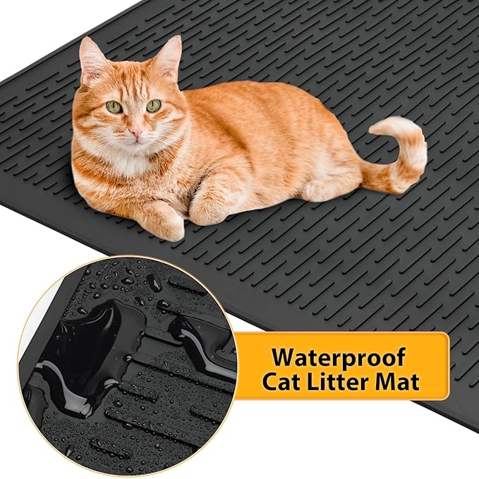 Cat Litter Mat,39x27in Waterproof Litter Mat,Large Rubber Litter Box Mats Easy to Clean,Washable Soft Cat Litter Mats Litter Trapping Mat,Indoor Floor XL Kitty Litter Mats-Black