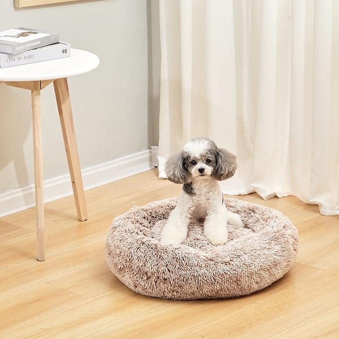 Bedfolks Calming Donut Dog Bed, 23 Inches Round Fluffy Dog Beds for Small Dogs, Machine Washable Anti-Anxiety Plush Puppy Bed（Brown, Small）