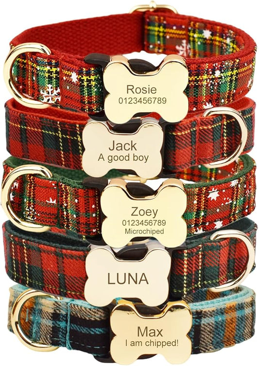 Personalized Dog Collar with Bone Buckle – Custom Name & Phone Number Engraved, Adjustable Quick Release for Small to Large Dogs (Christmas Style)