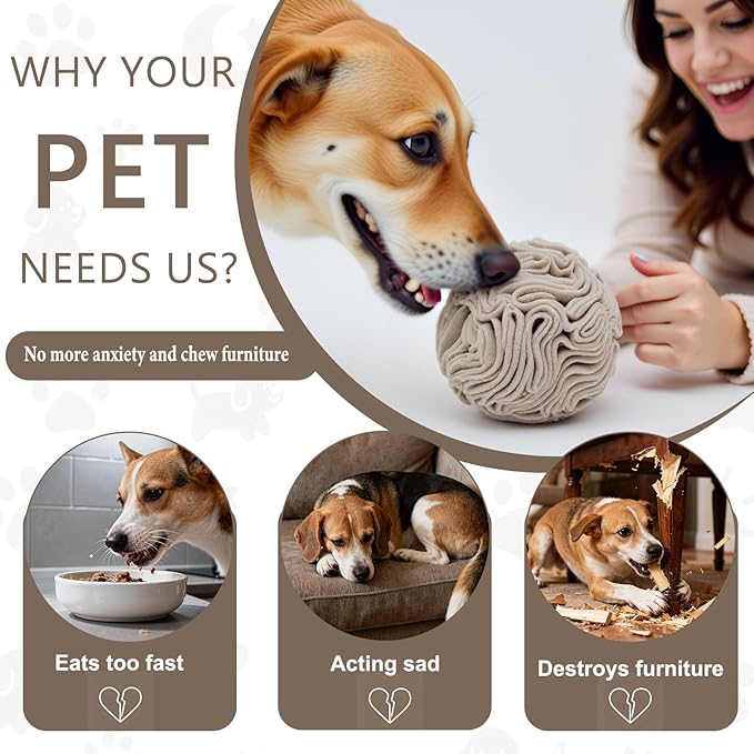 Light Brown Snuffle Ball for Dogs, Slow Feeder Mental Enrichment Toy for Small, Medium Dogs, Discreet Color Interactive Puzzle Game for Anxiety Relief & Indoor Fun, Machine Washable